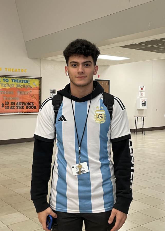Ezequiel Diaz (Zeke) poses with his Argentina soccer jersey at school during the 2022 World Cup.